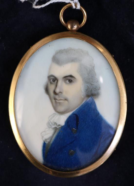 John Barry (fl.1784-1827) Miniature of a gentleman wearing a blue coat 2.5 x 2in.